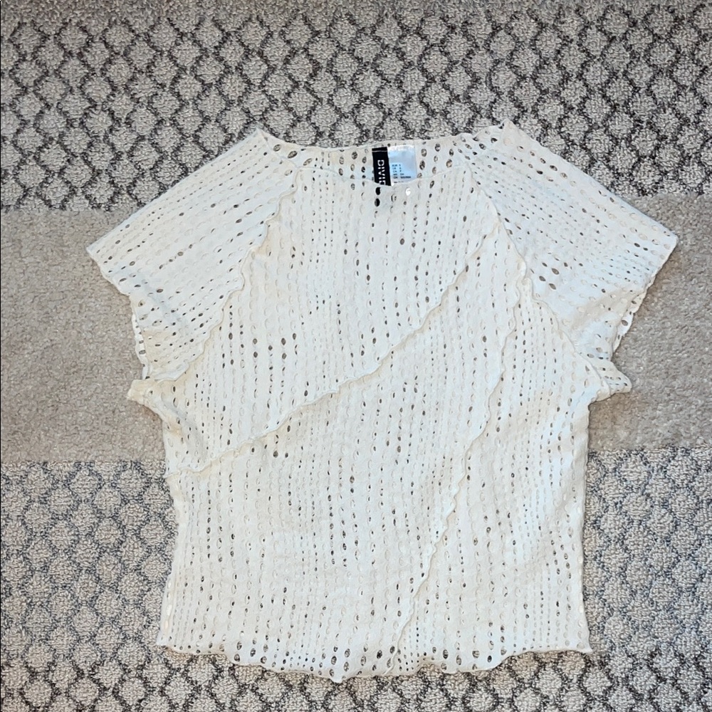 Divided White Open-Weave Short Sleeve Top